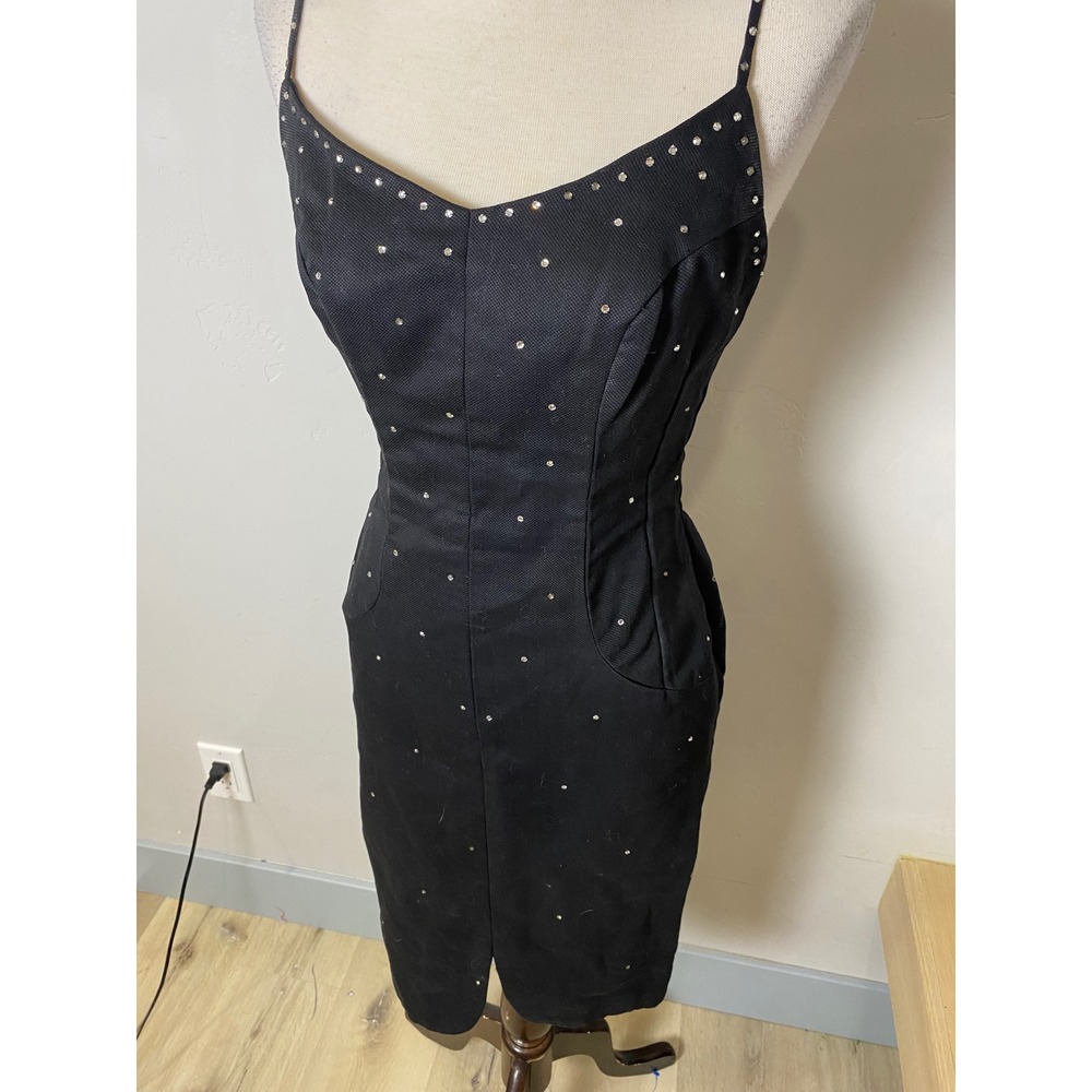 VTG 60's Black Rhinestone MIDI Embellished Sheath Spaghetti Strap Cocktail Dress